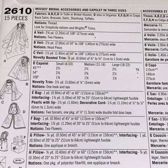 Simplicity Pattern 2610 Bridal Veil Accessories Capelet Ring Pillow Bag One Size - Picture 6 of 9